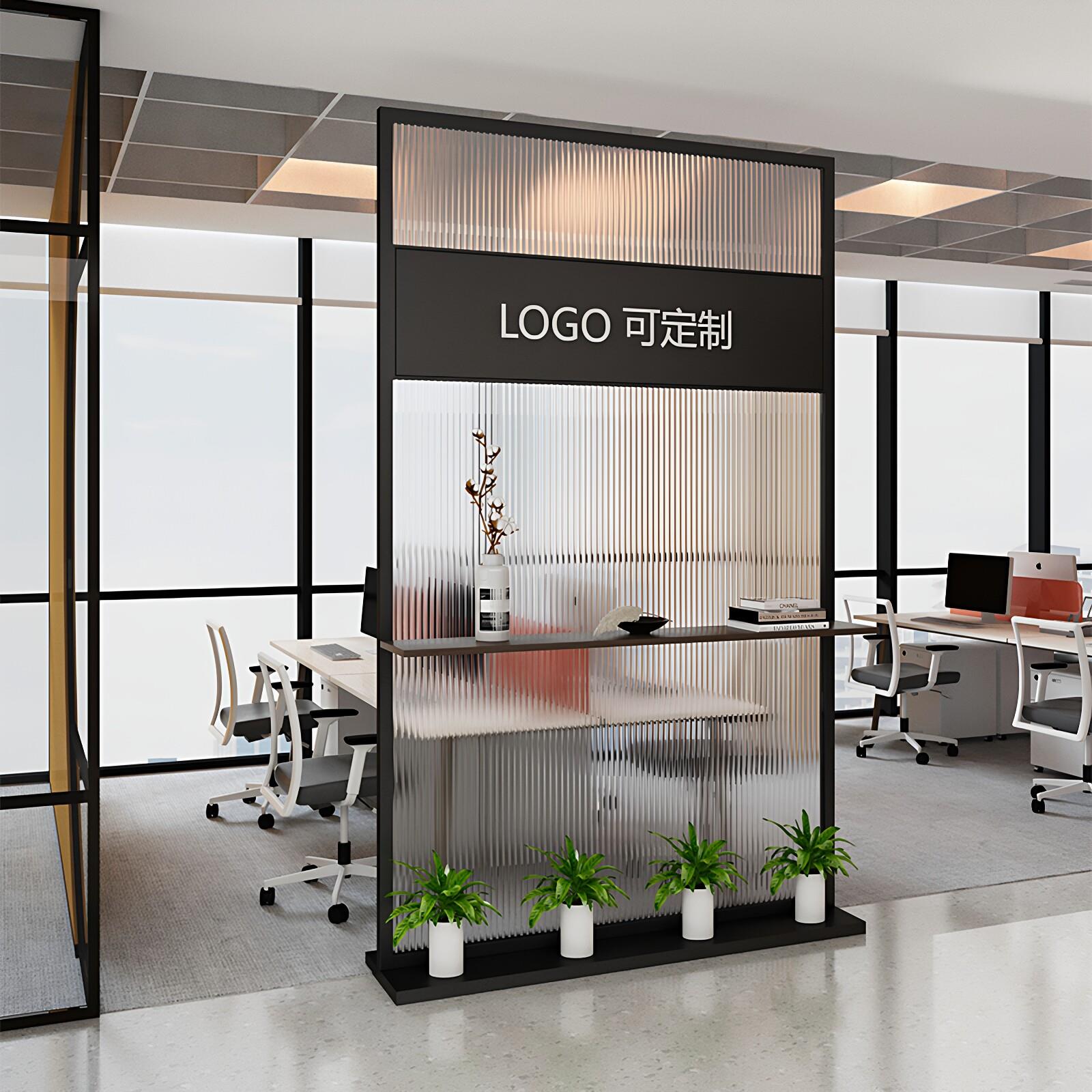 现代铁艺玻璃隔断Logo墙办公室屏风装饰简约背景墙公司前台挡板