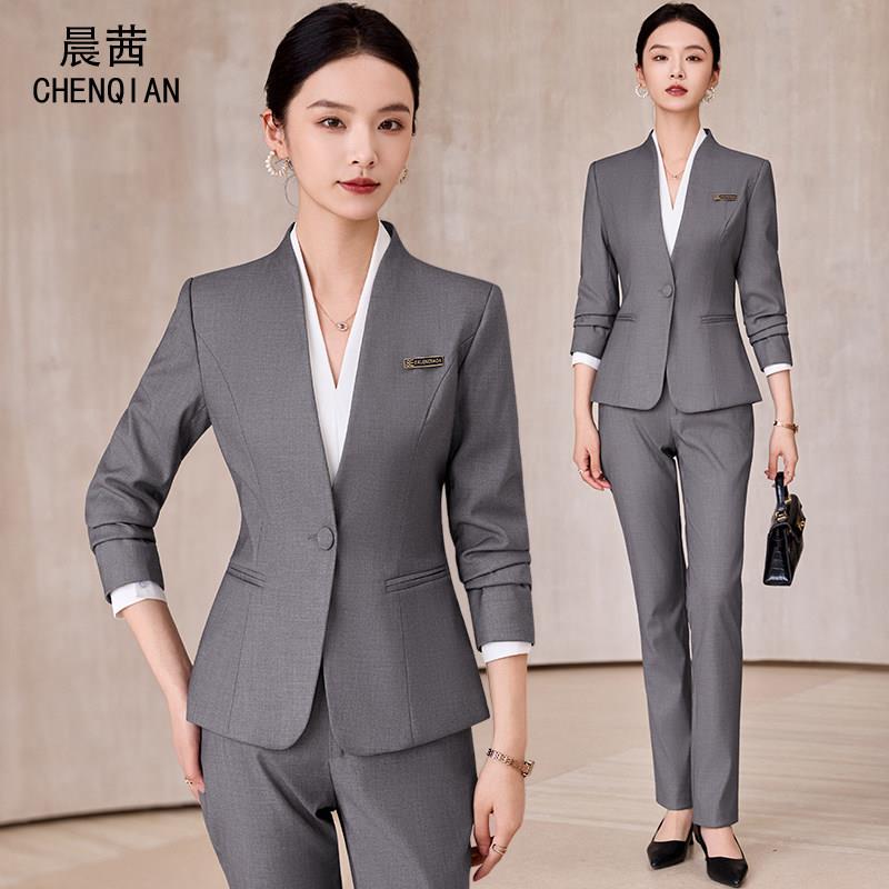 高端职业装灰色西装套装女修身气质酒店前台销售员珠宝店工作服裤