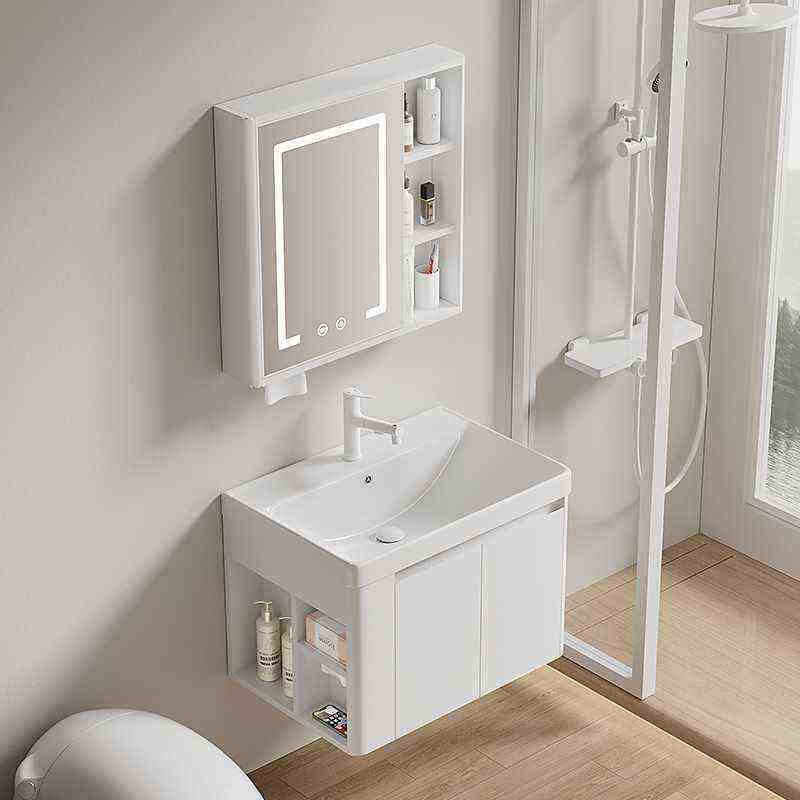 ///防水侧边收纳格不锈钢圆弧浴室柜加深陶瓷盆洗脸手组合304