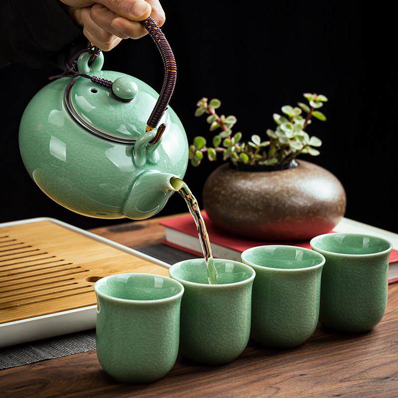 功夫茶具套装提梁壶陶瓷哥窑茶壶茶杯汝窑酒店家用大容量水壶水杯