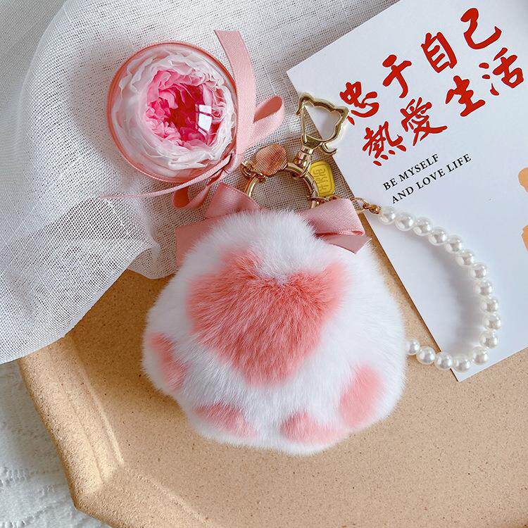 可爱獭兔毛绒猫爪钥匙扣珍珠链永生花礼品汽车钥匙包包挂件创意新