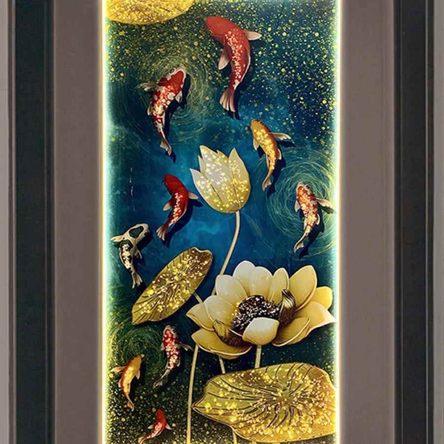 玄饰关过道装画烤2瓷镶钻带led灯光挂画HS-09040鱼图户走廊入墙20