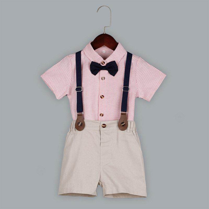 儿童礼服夏季新款童条纹背带裤两件套周岁生日短袖衬衫套装