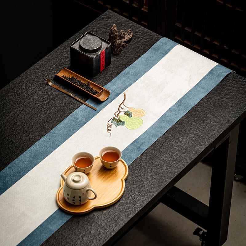 知度刺绣麂皮绒双色桌旗中式布艺茶巾茶韵茶席禅意茶几布桌布茶席