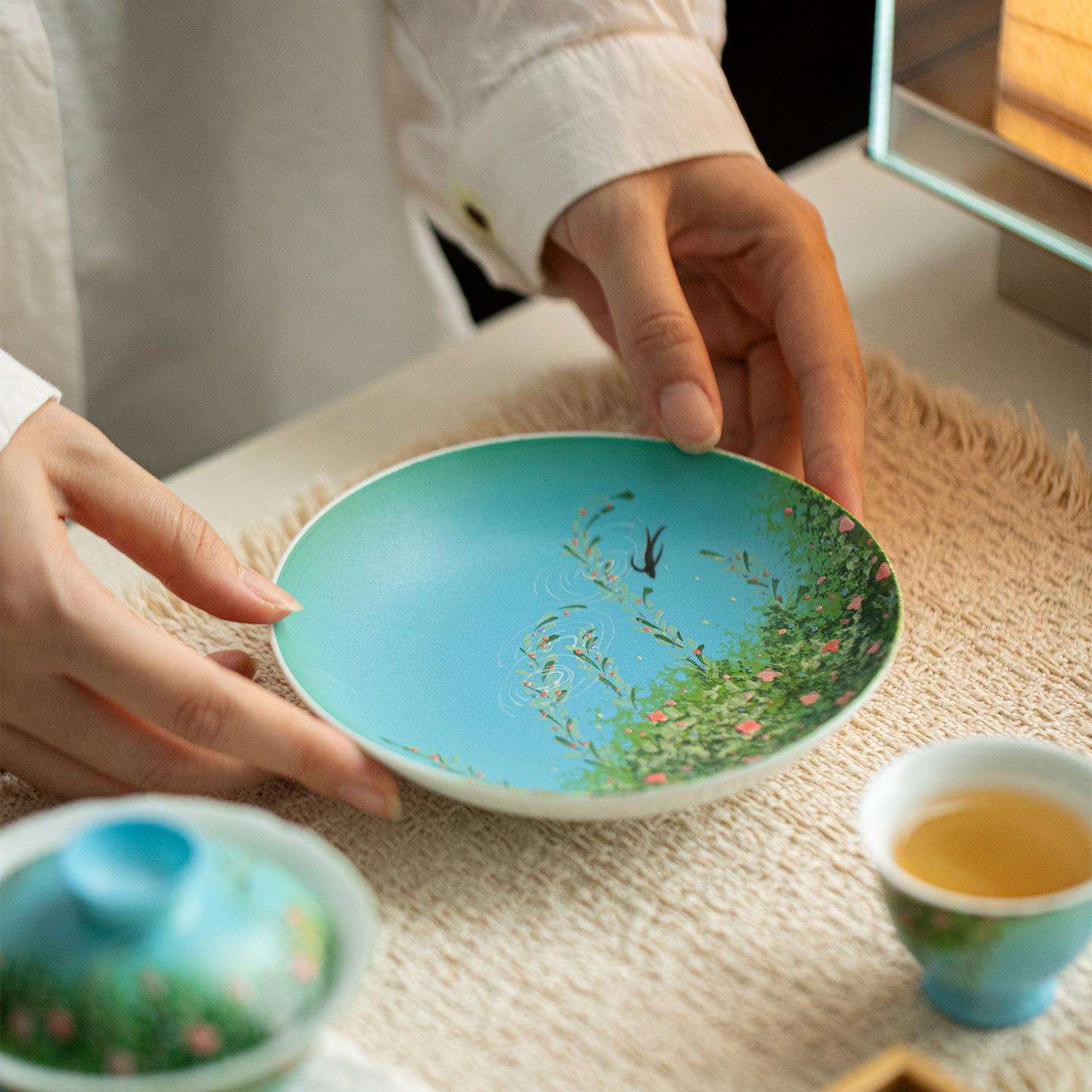 墨己蓝地彩绘油画风柳燕絮语陶瓷壶承茶道配件家用干泡盘茶点盘