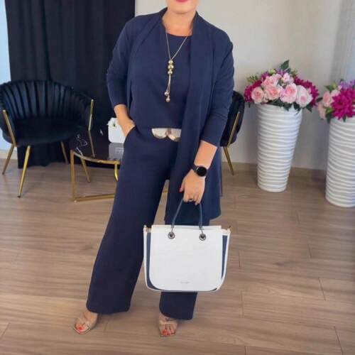 Round neck long sleeved top, waist belt, pants set,