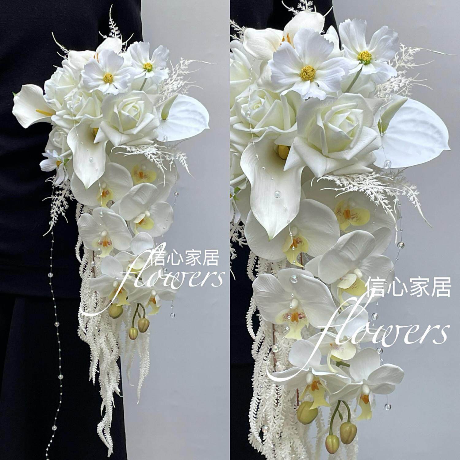 仿真手捧花白色马蹄莲蝴蝶兰婚礼领证拍照道具高级塑料瀑布假花束