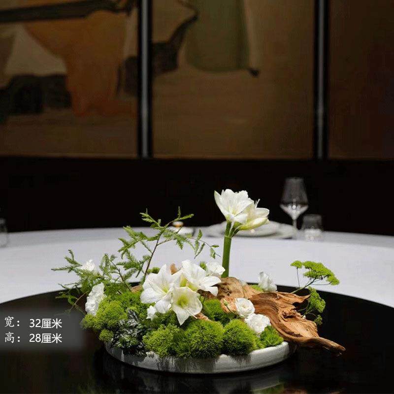 中摆式仿真花摆件酒店餐桌摆花MKY花陶瓷盘假花设餐厅转盘圆桌花