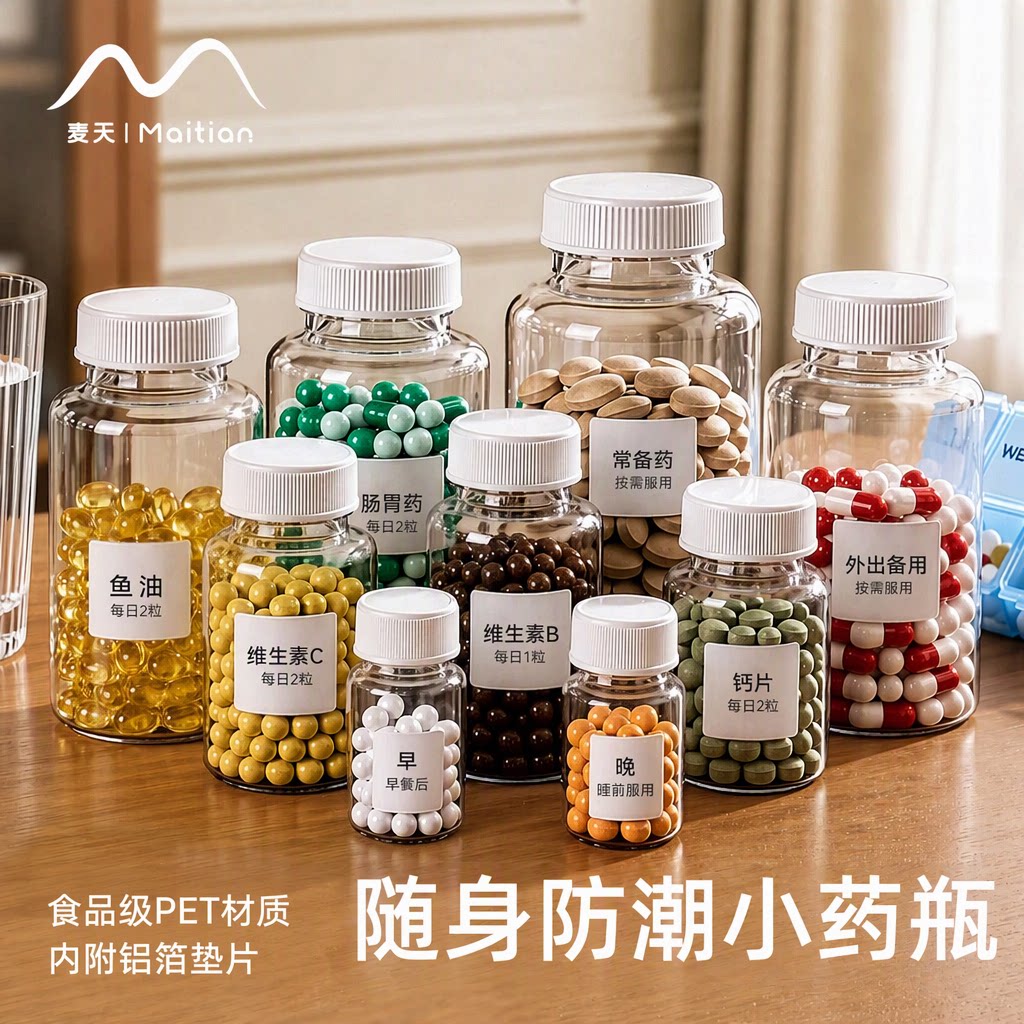 麦天药盒分装便携小药瓶食品级PET密封防潮随身携带常备药空瓶
