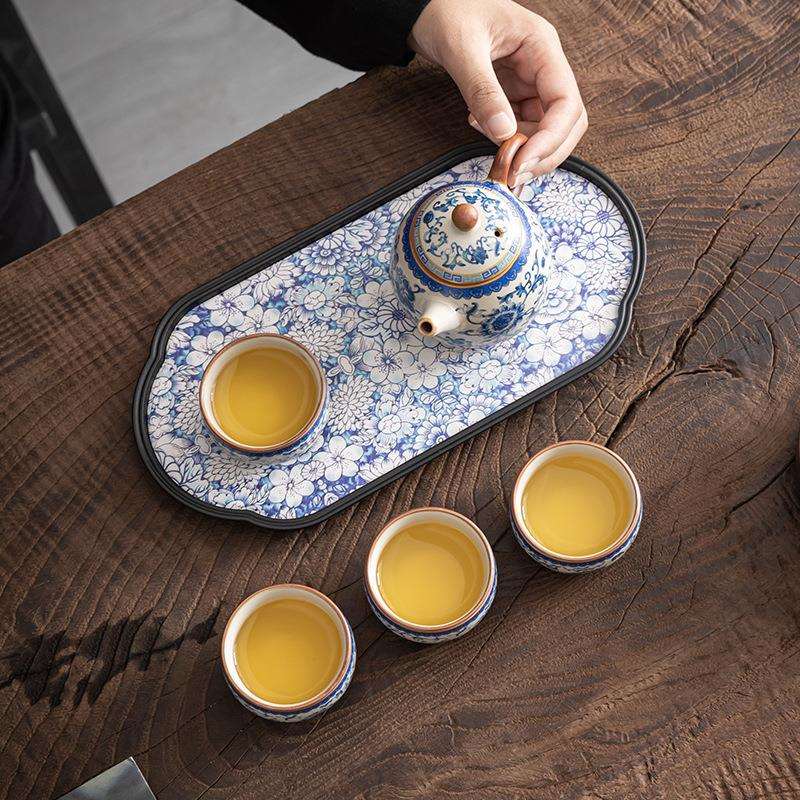 汝窑缠枝青花旅行茶具套装轻奢高档出差户外露营陶瓷西施壶茶具