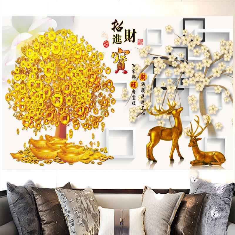 发财树花开富贵招财进宝家用客厅办公室背景墙装饰画招财鹿贴纸画图片