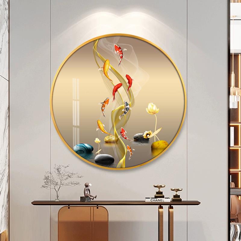 现代九鱼图装饰画客厅进门玄关餐厅走廊圆形九鱼画挂画金鱼墙壁画图片