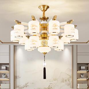 客厅吊灯中国风覆古大气别墅楼中楼大厅灯具 朝下全铜玉石新中式