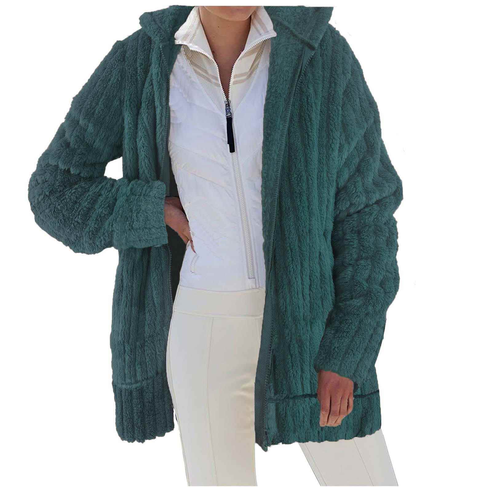 Warm plush solid color zipper pocket hooded loose coat for
