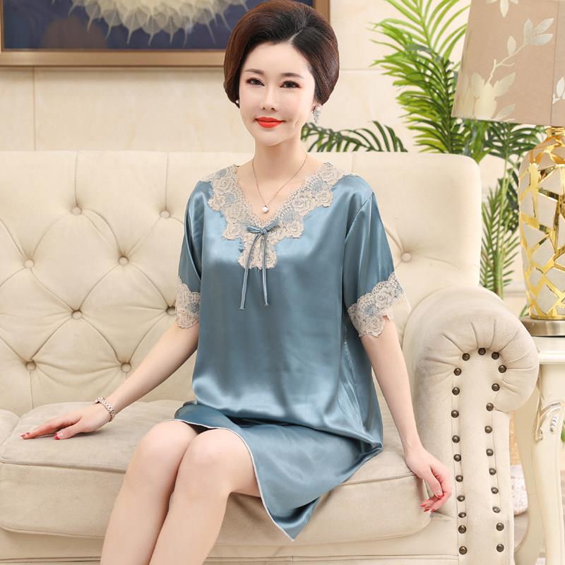 妈妈夏季睡裙女冰丝睡衣真丝绸薄款短袖中年中老年家居服洋装
