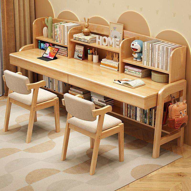 实木儿童书桌家用简约双人学生学习桌椅组合书架一体可升降写字桌