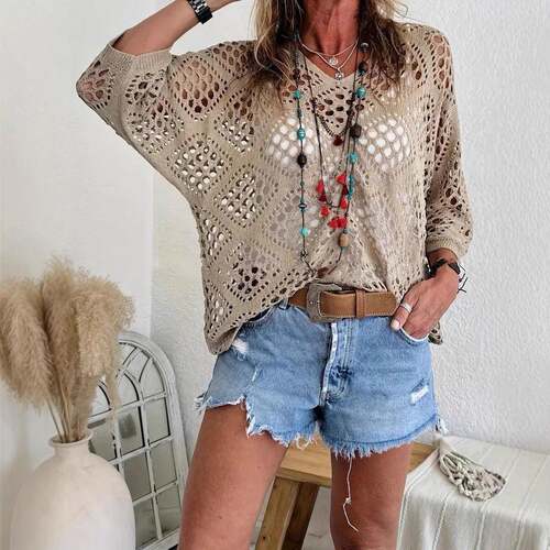 Aether Boho Out Crochet V Neck Knit 5XL Casual Relaxed
