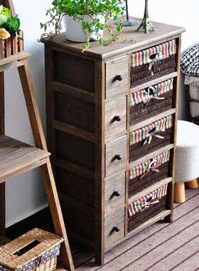 美式园实柜木F9565J56头柜藤编收纳柜卧室床复古子抽屉五斗柜田小