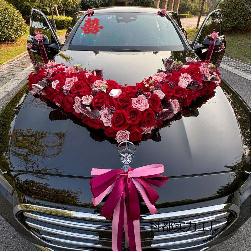 主婚车装饰车头花拉花布置大V结婚头车2024高级花车吸盘车队全套