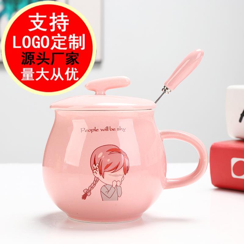 创意陶瓷大肚牛奶杯大容量家用燕麦片碗带盖勺早餐杯可微波炉加热