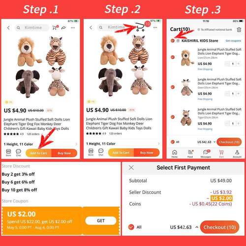 Stuffed Plush Animals Toys Soft Dolls Jungle Lion Elephant T