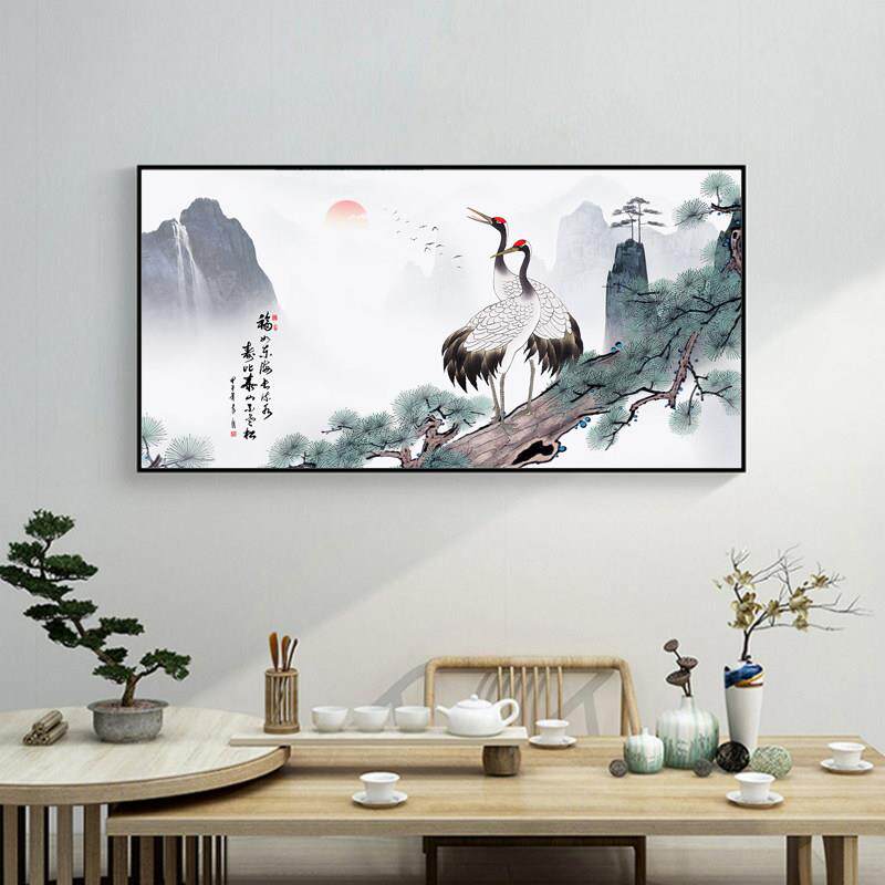 松鹤延年客厅山水画挂画床头国画壁画背景墙仙鹤图装饰画中堂画