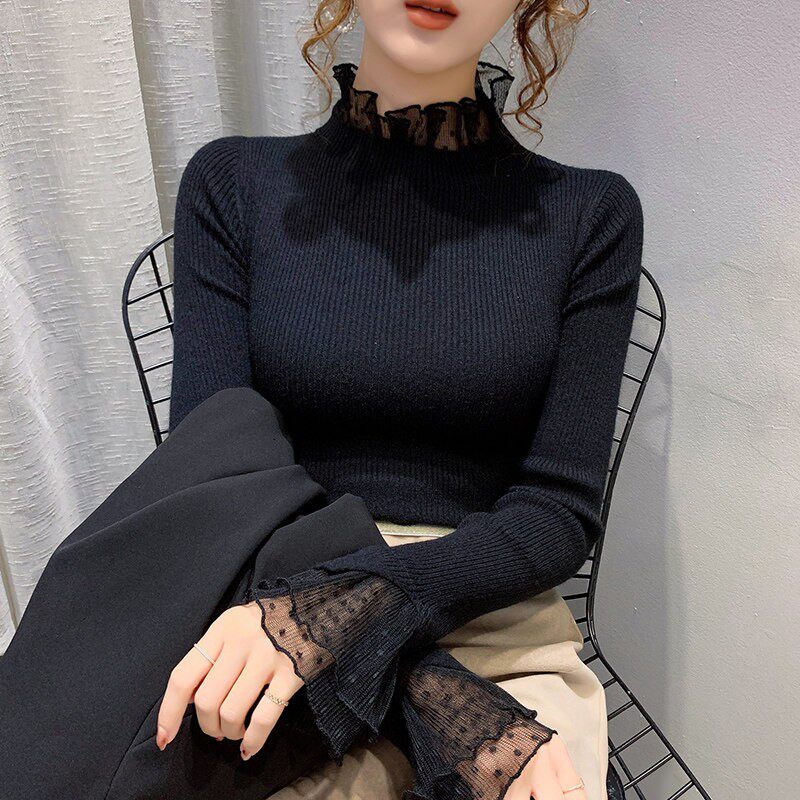 蕾丝黑色打底衫女2025新款秋冬内搭可外穿洋派修身毛衣针织衫上衣