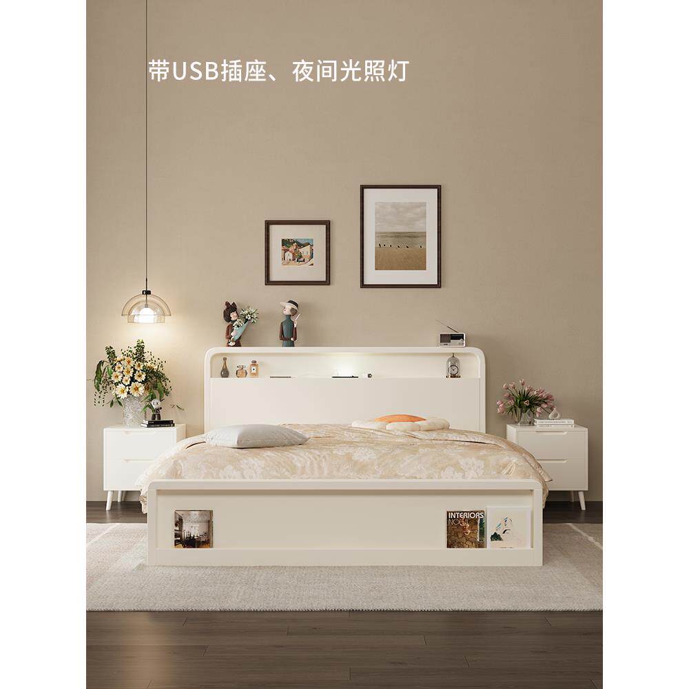 实木床现代简约白色橡木床1.5米双人床1.2米欧式主卧储物床和早餐