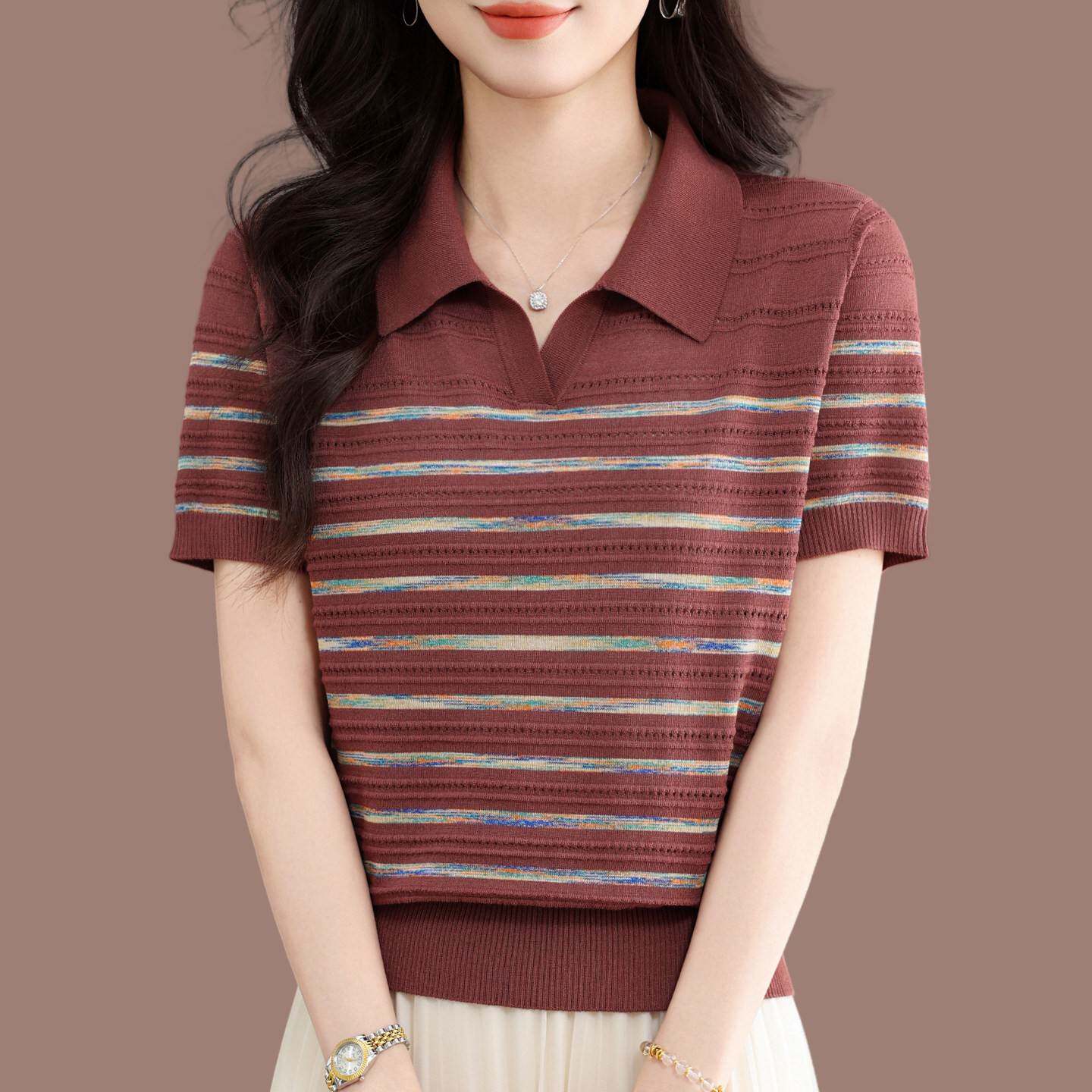 polo领条纹冰丝短袖t恤女2026夏季新款妈妈装桑蚕丝气质翻领上衣