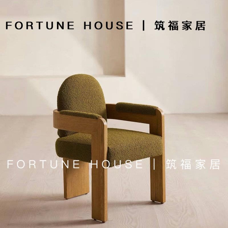 中古实木餐椅家用法式覆古风设计师款羊羔绒绿色书房休闲 单椅茶