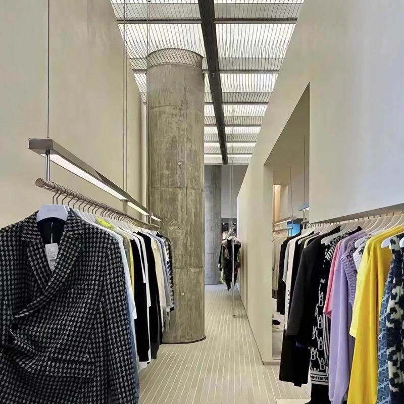 服装店展示架吊架悬吊式天花板架悬挂衣服架子不锈钢带灯女装上墙