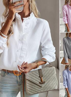 Women's Casual Commuter Office Stand Collar Cute Ruffle Hem