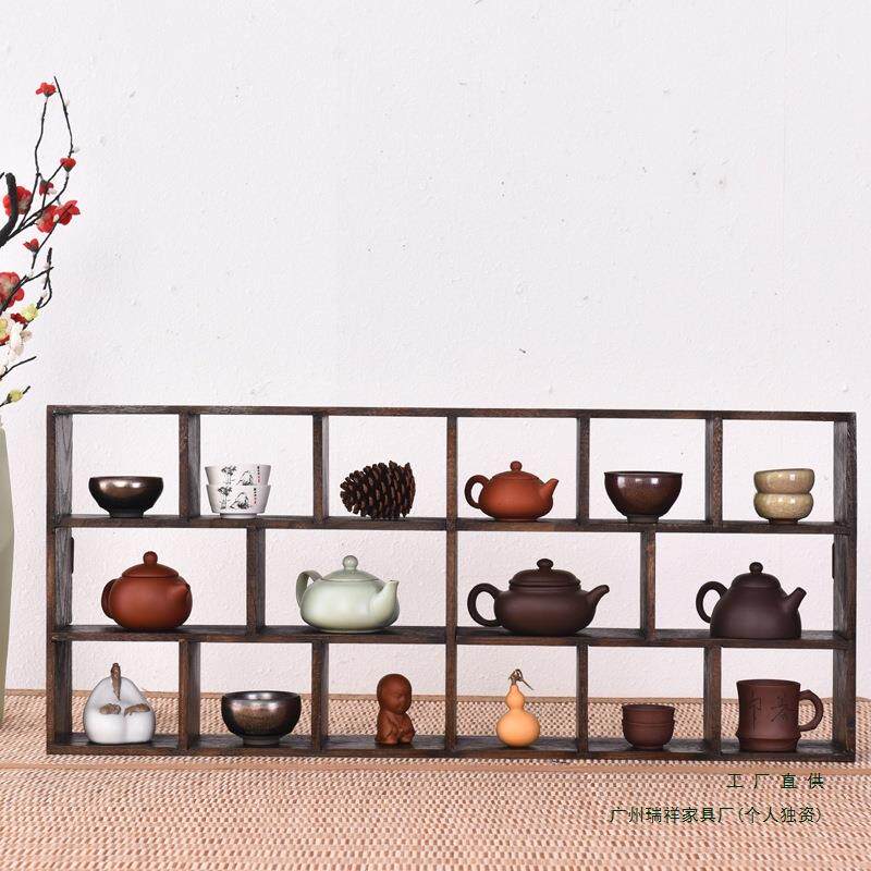 小博古架 古董紫砂茶壶架子 烧桐木中式多宝阁置物架 实木展示架