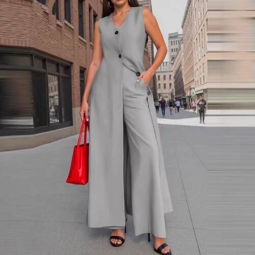 Women's sleeveless suit, women's long top, wide leg pants,
