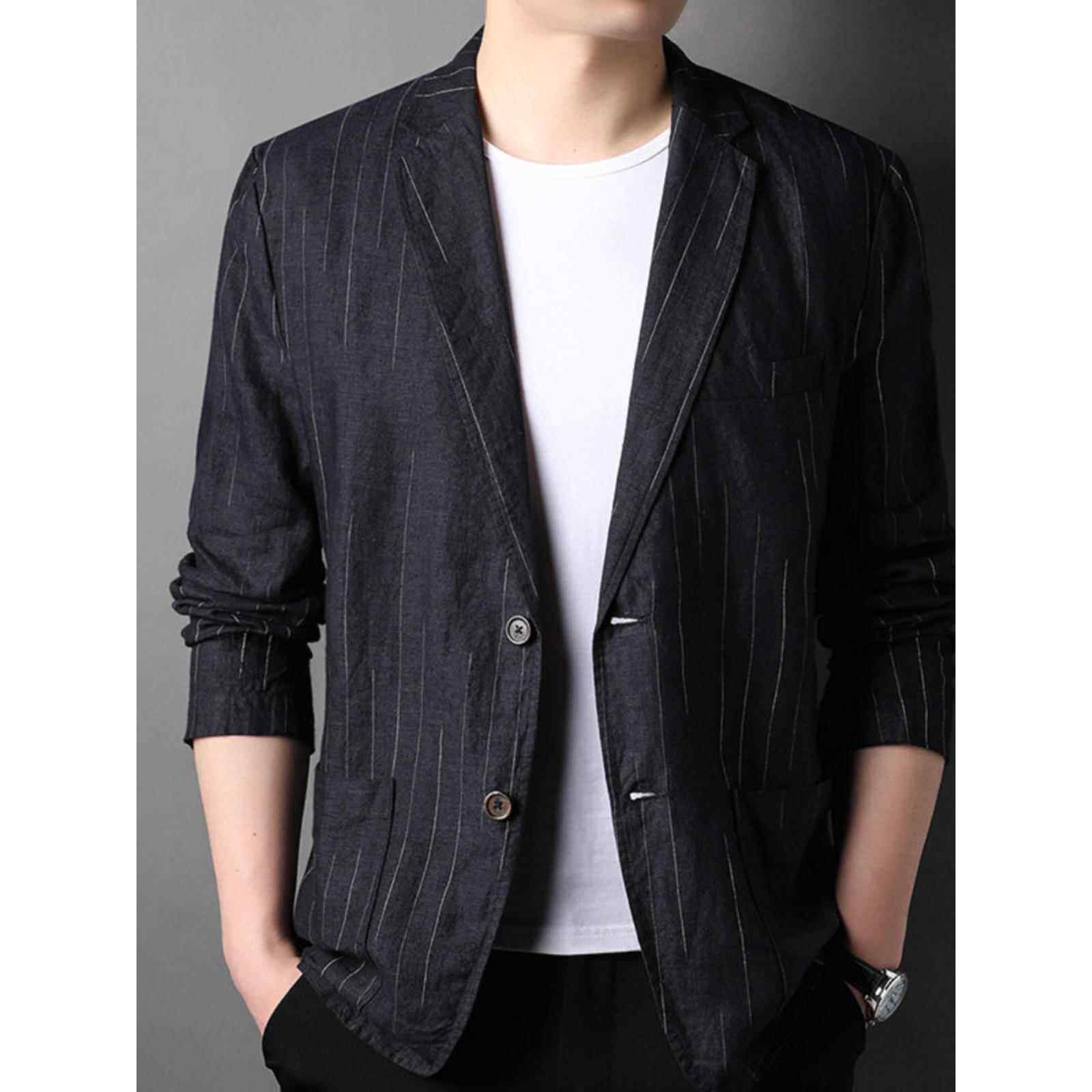 春夏薄款亚麻西装男大码宽松休闲条纹小西服轻薄单西2025单层外套