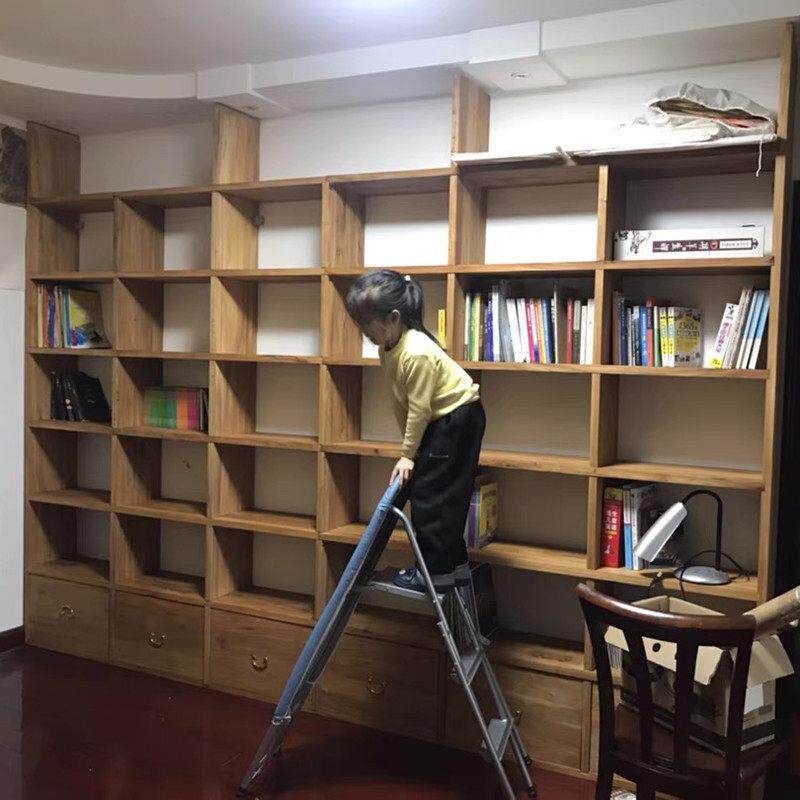 定制老榆木书架实木书柜落地置物架原木客厅格子架 定做整墙书架