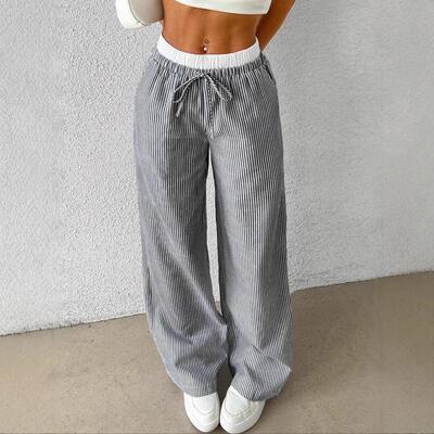 Striped checkered color loose wide leg pants casual pants