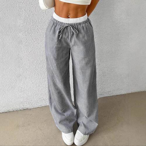 Striped checkered color loose wide leg pants casual pants