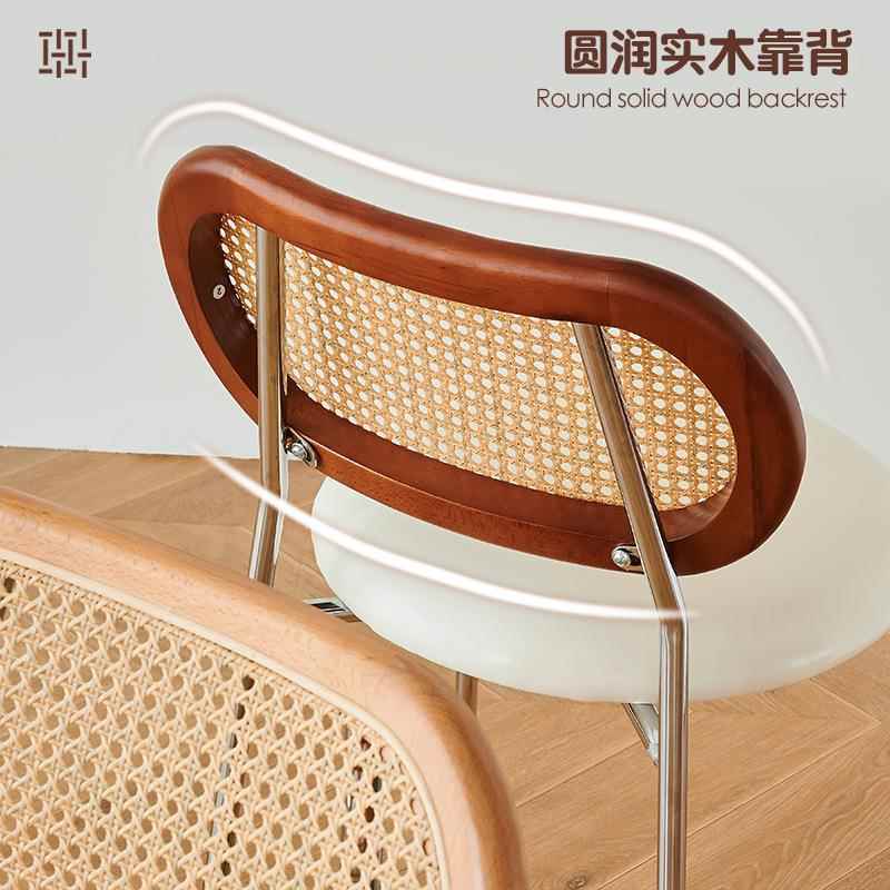 实木师餐椅设计家用椅子简约凳子中古编椅复餐月圆椅古椅休闲藤厅