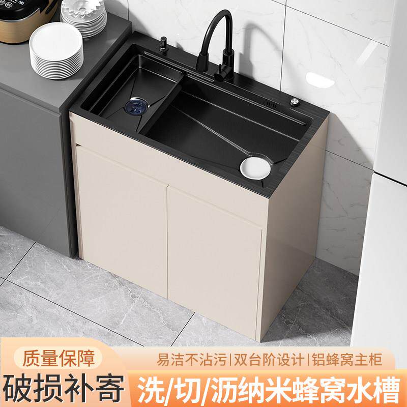 厨房不锈钢水槽柜洗菜盆大单槽落地式蜂窝铝橱柜洗碗池加深大水池