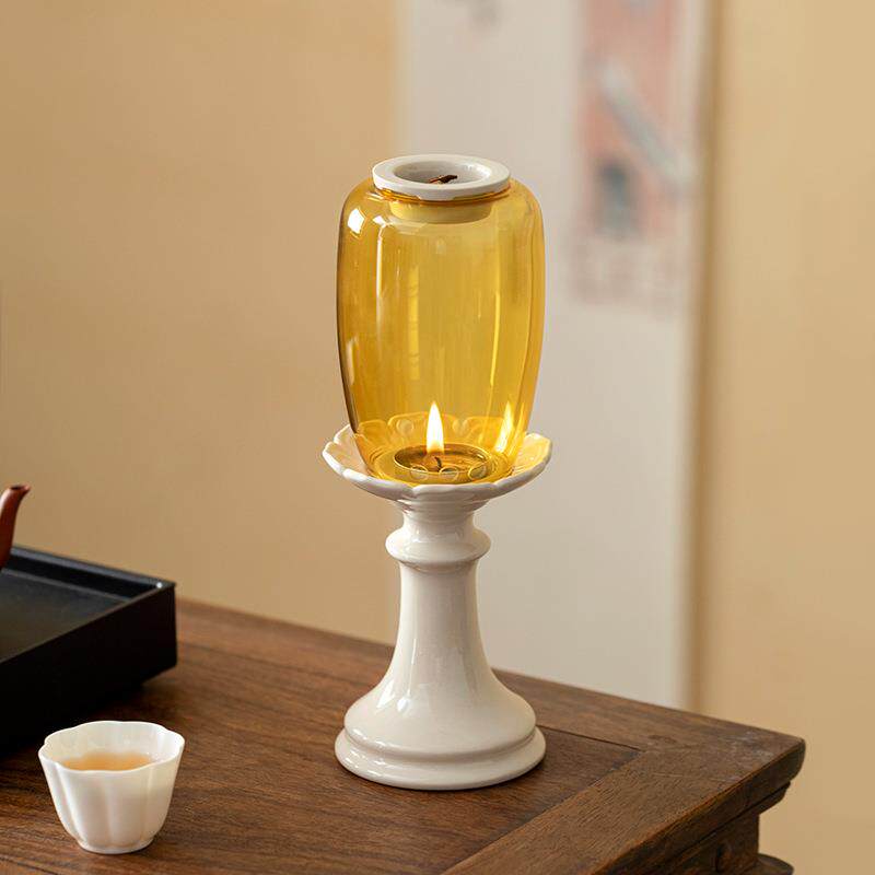 禅意文摆件新烛台灯罩中式蜡烛山玻璃造物创依茶室氛围烛台灯古风