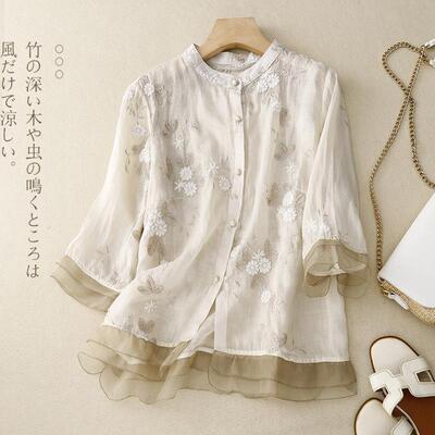 Embroidered women's seven quarter sleeve cotton linen