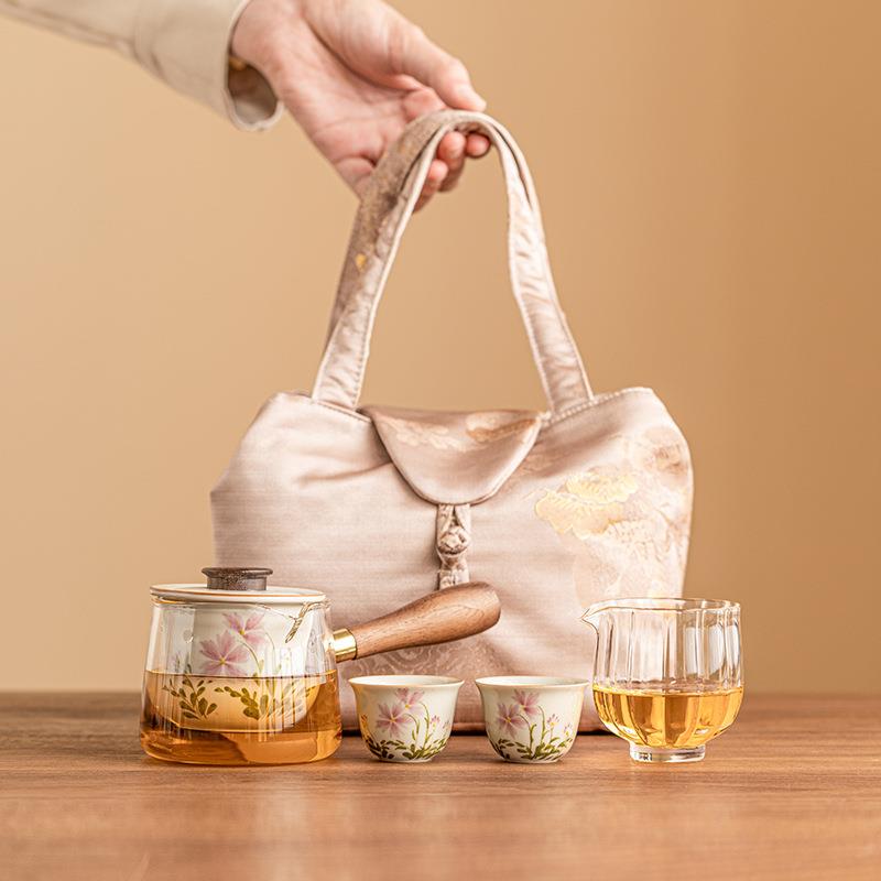 手绘小雏菊侧把壶茶具套装户外旅行茶具便携式随身功夫泡茶杯套装