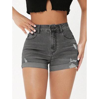 M 83069 Smoky gray ripped denim shorts 烟灰色破洞弹力牛仔短