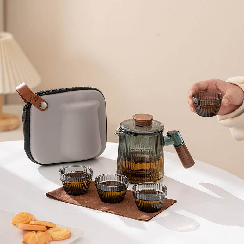 川木旅行茶具套装便携式玻璃快客杯一壶四杯户外露营功夫泡茶杯子