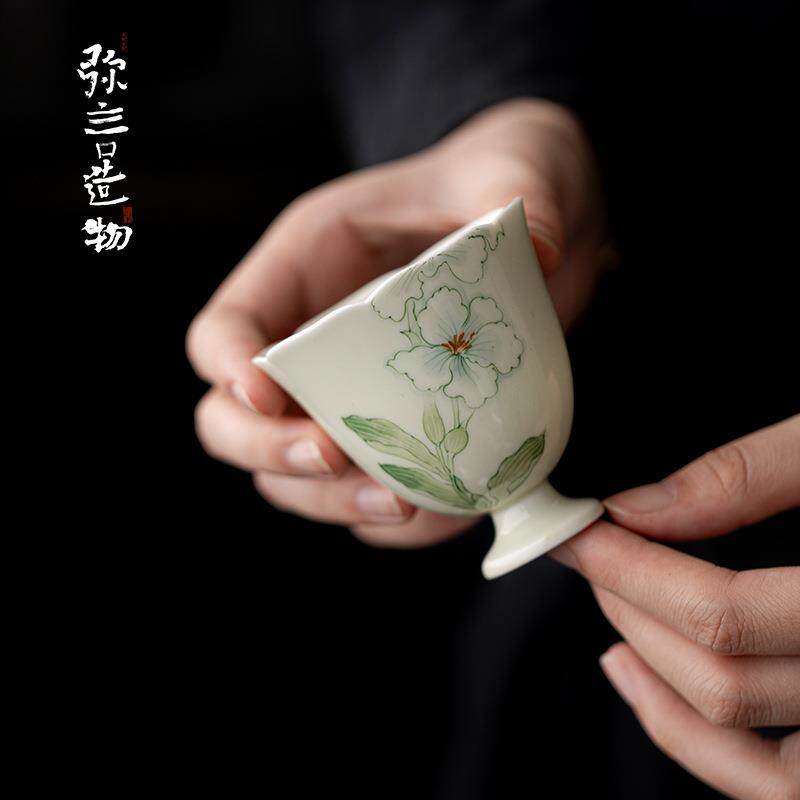 弥言家用大号主人杯手工陶瓷花口茶杯手绘郁金香品茗杯复古高足杯图片