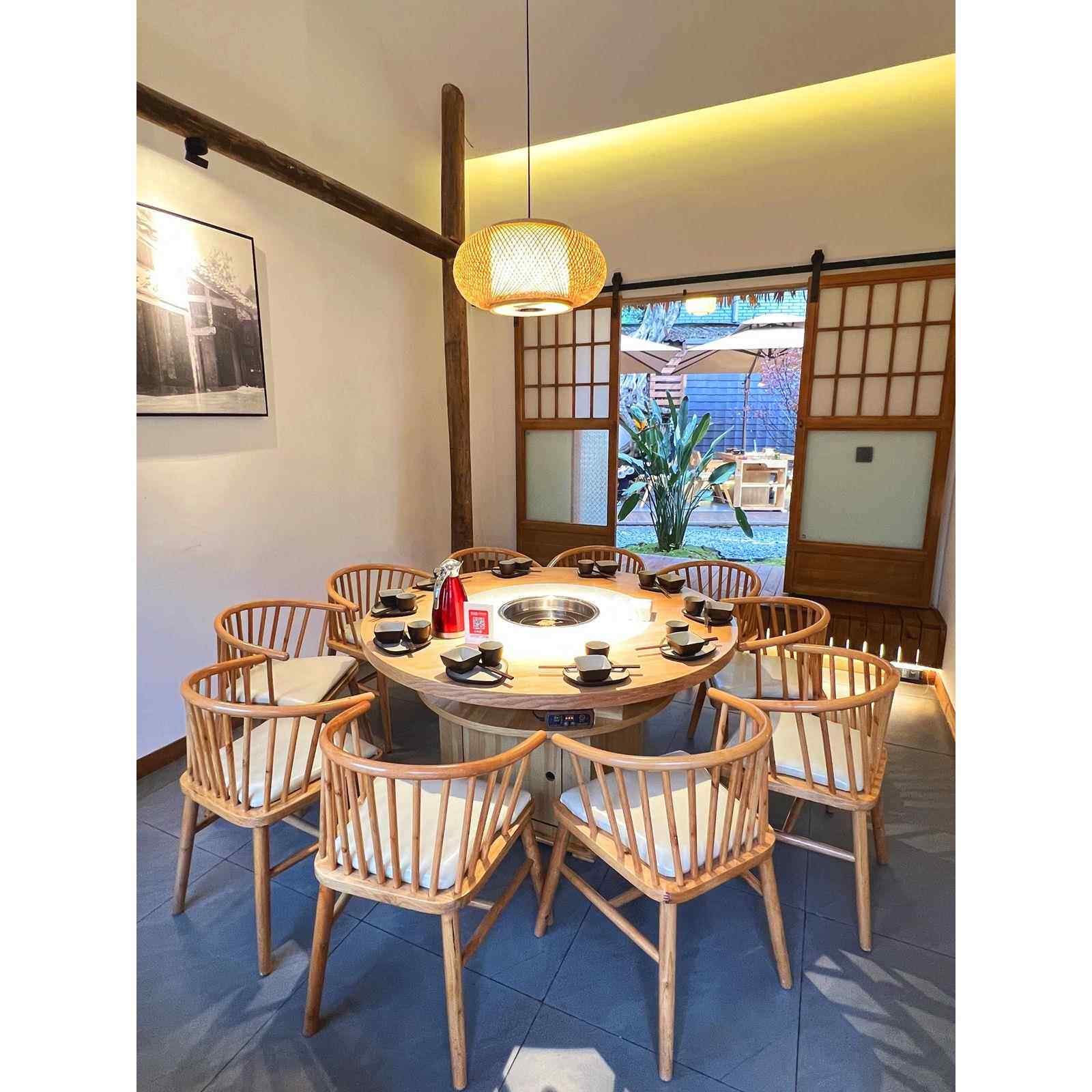 火锅店圆桌大理石岩板火锅桌子电磁炉一体商用实木餐桌椅烤肉桌