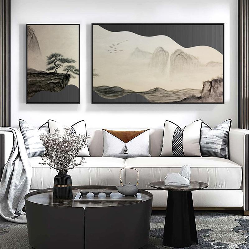 山抹微云新中式禅意客厅装饰画双联国画风景意境壁画沙发背景挂画