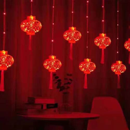 春节元宵新年场景橱窗布置led铜线红灯笼灯串 喜庆彩灯装饰窗帘灯