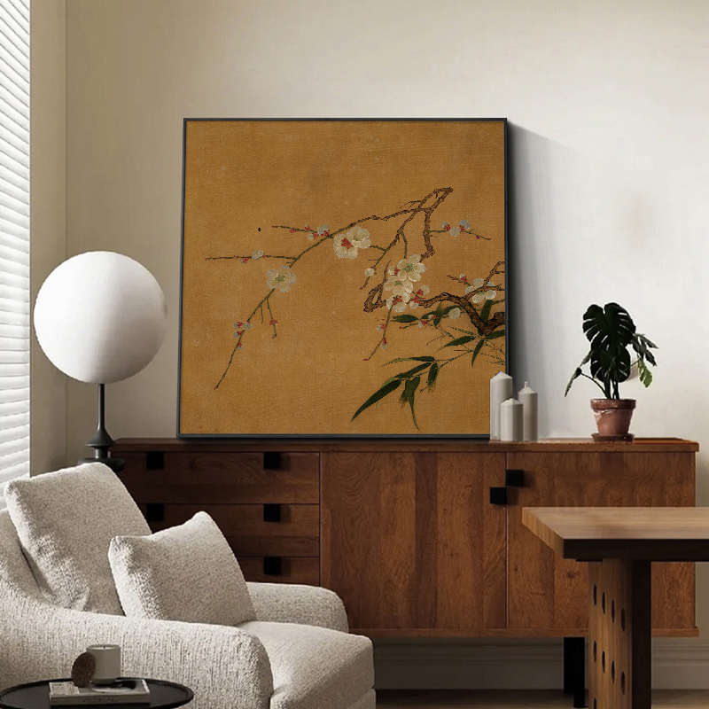 宋代美学梅竹图挂画中古风客厅装饰画茶室背景墙方形禅意壁画带框